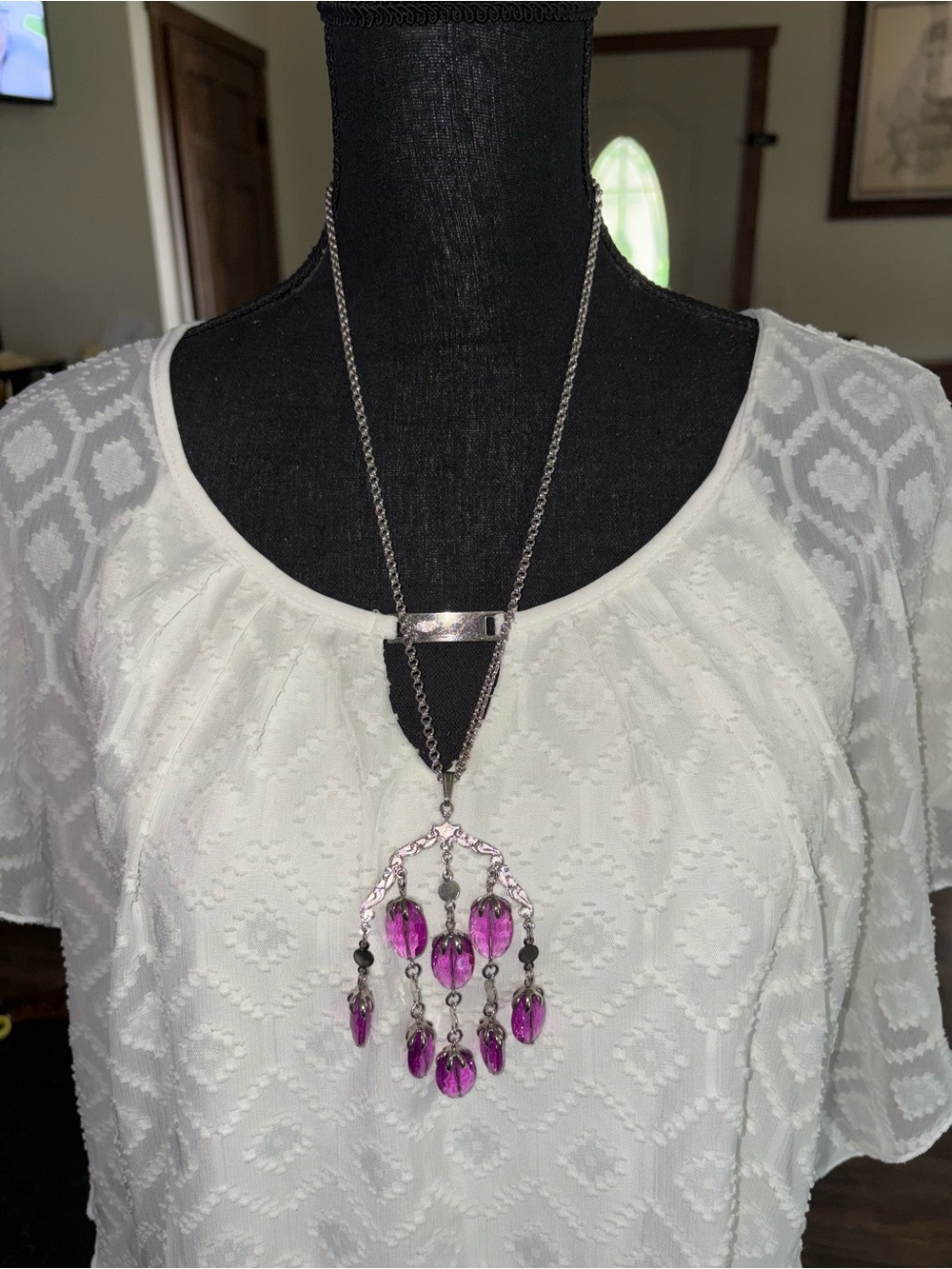 Sarah Coventry Silver-Tone Necklace with Purple Teardrop Drops 15 3/4 in